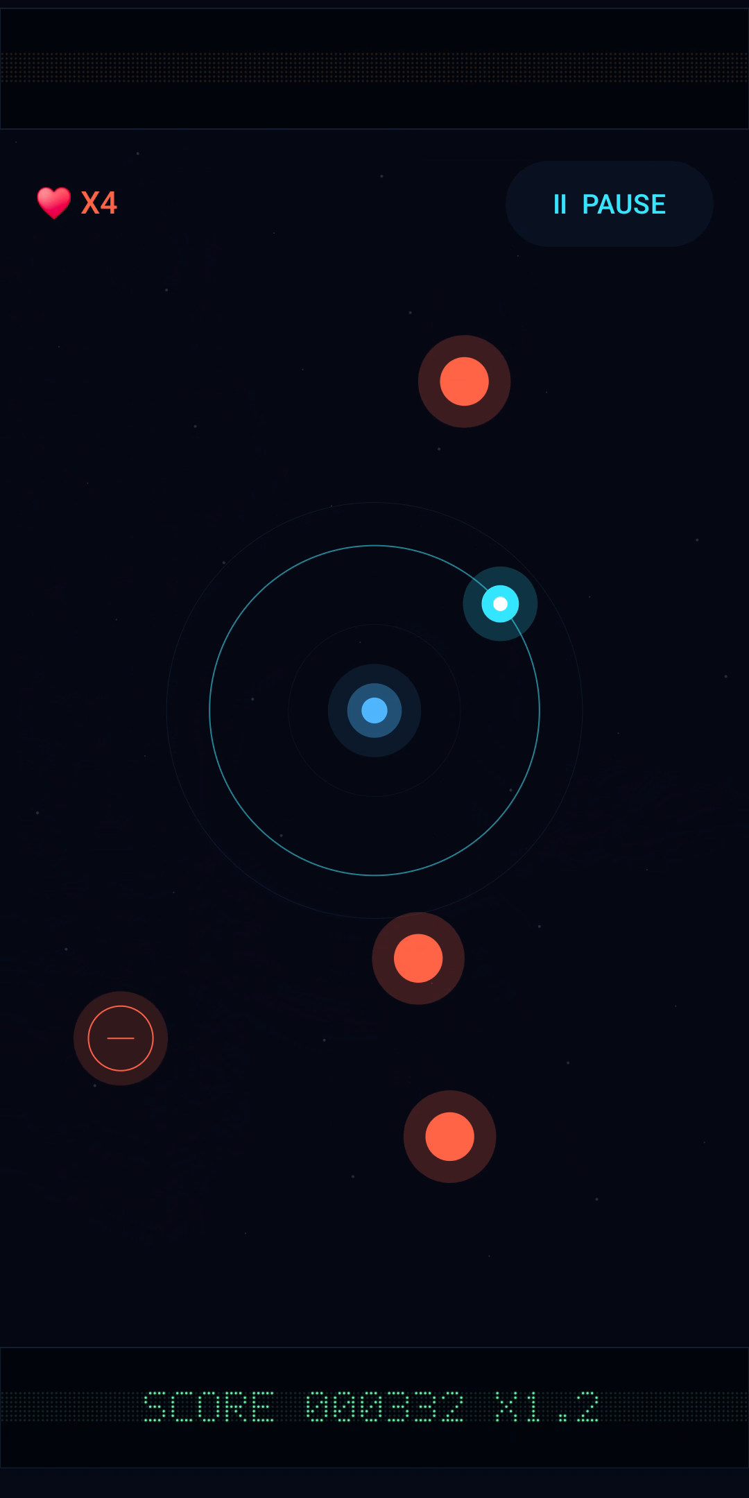 Orbit Escape gameplay showing a homing enemy approaching the player orbit