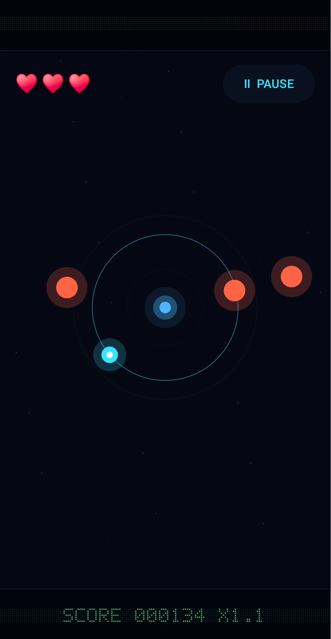 Two red obstacles approaching the player orbit together